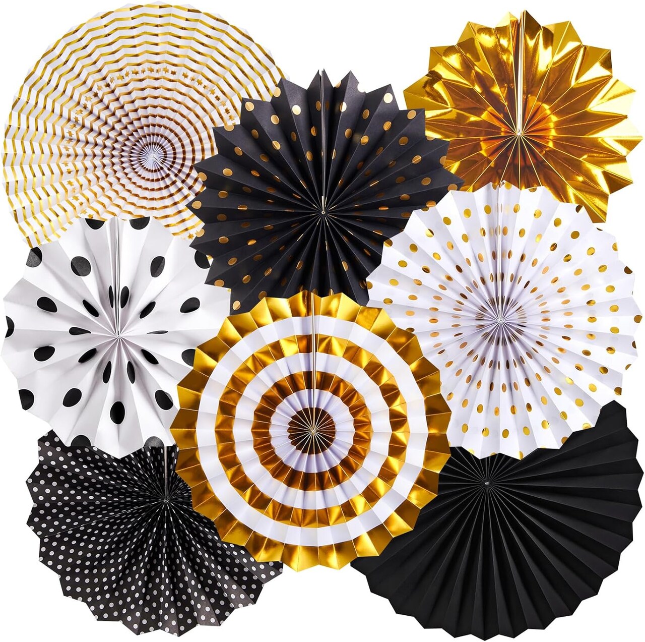 8-Piece Black and Gold Honeycomb Paper Fans | Hanging Pompoms for Graduation, Birthday, Wedding, Prom Night & New Year's Eve Photo Backdrop Party Decorations